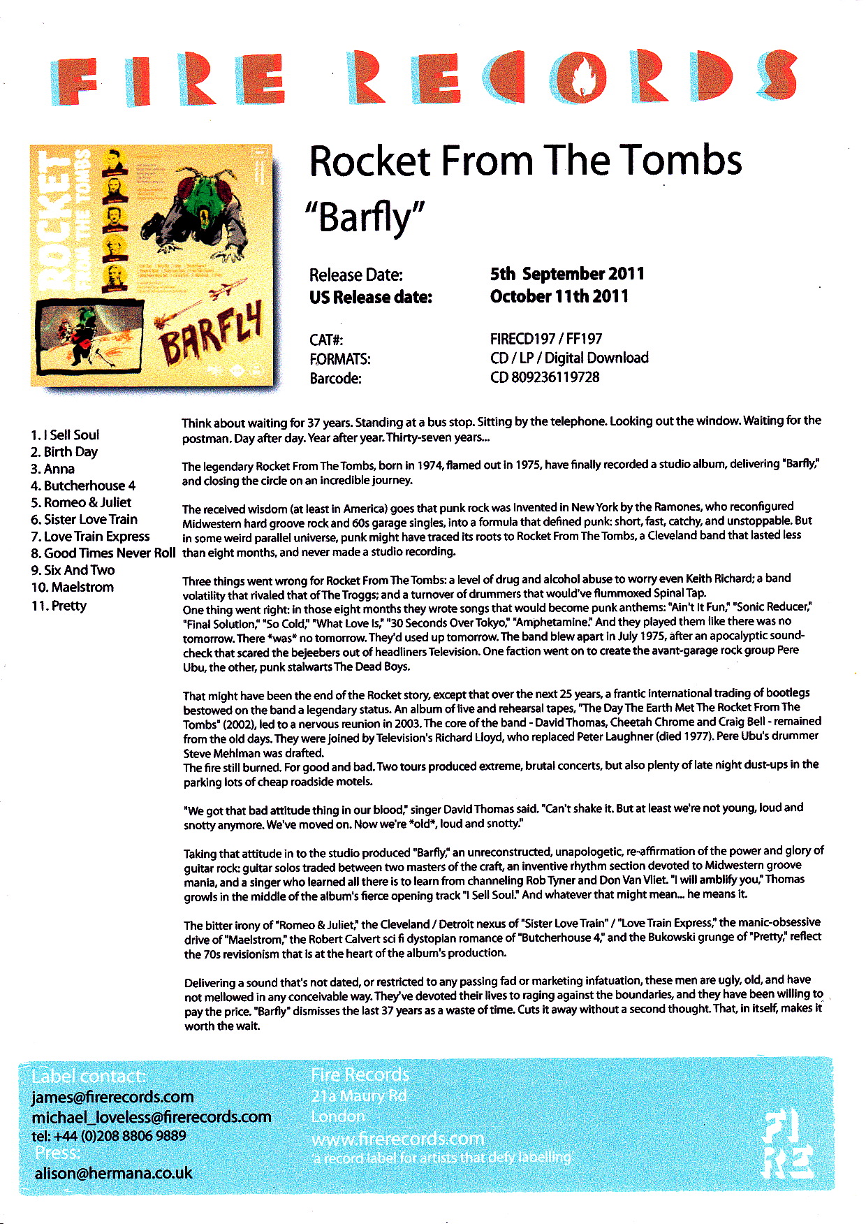 Dossier de presse Fire Records, Barfly